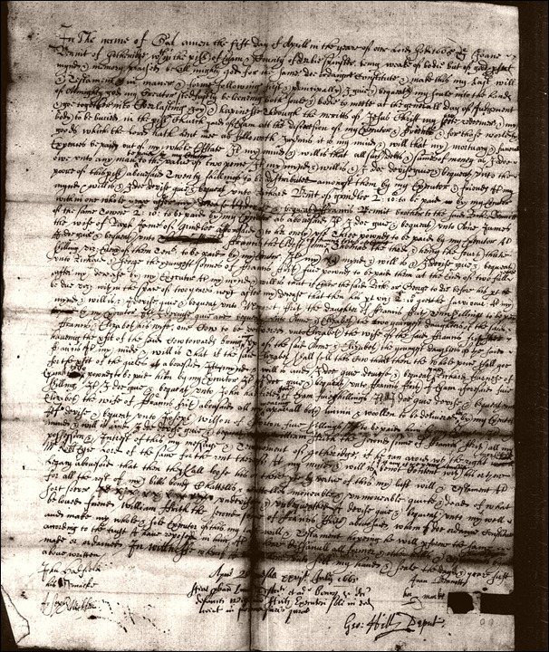 Joan Bennett of Gotheridge spinster dau of Wm Bennett senior 1665 will resized