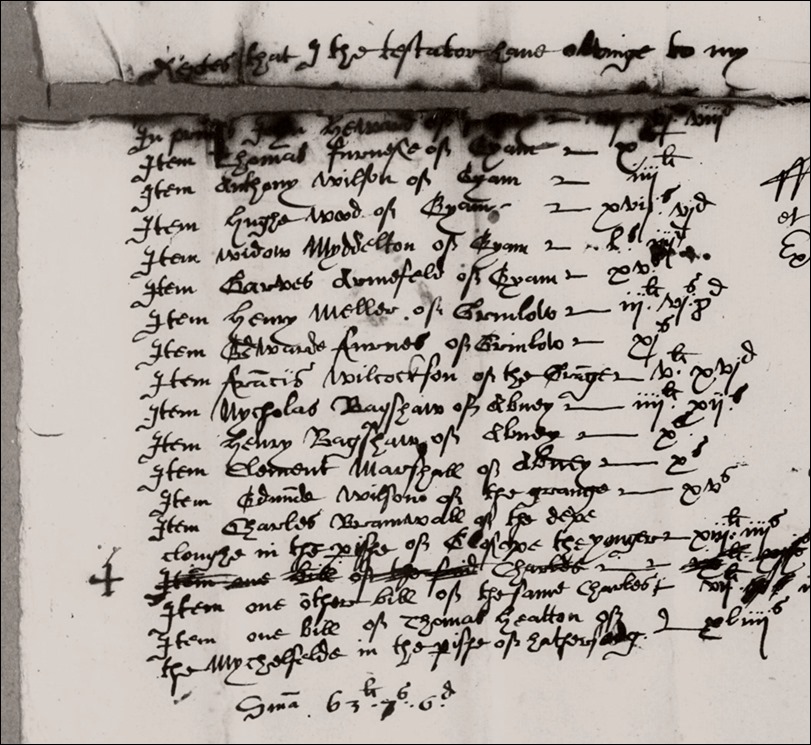 William Bennett - 1620 Will Eyam top page 1 debts owed