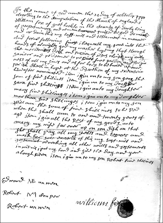 W Fox Gt Hucklow will 1710